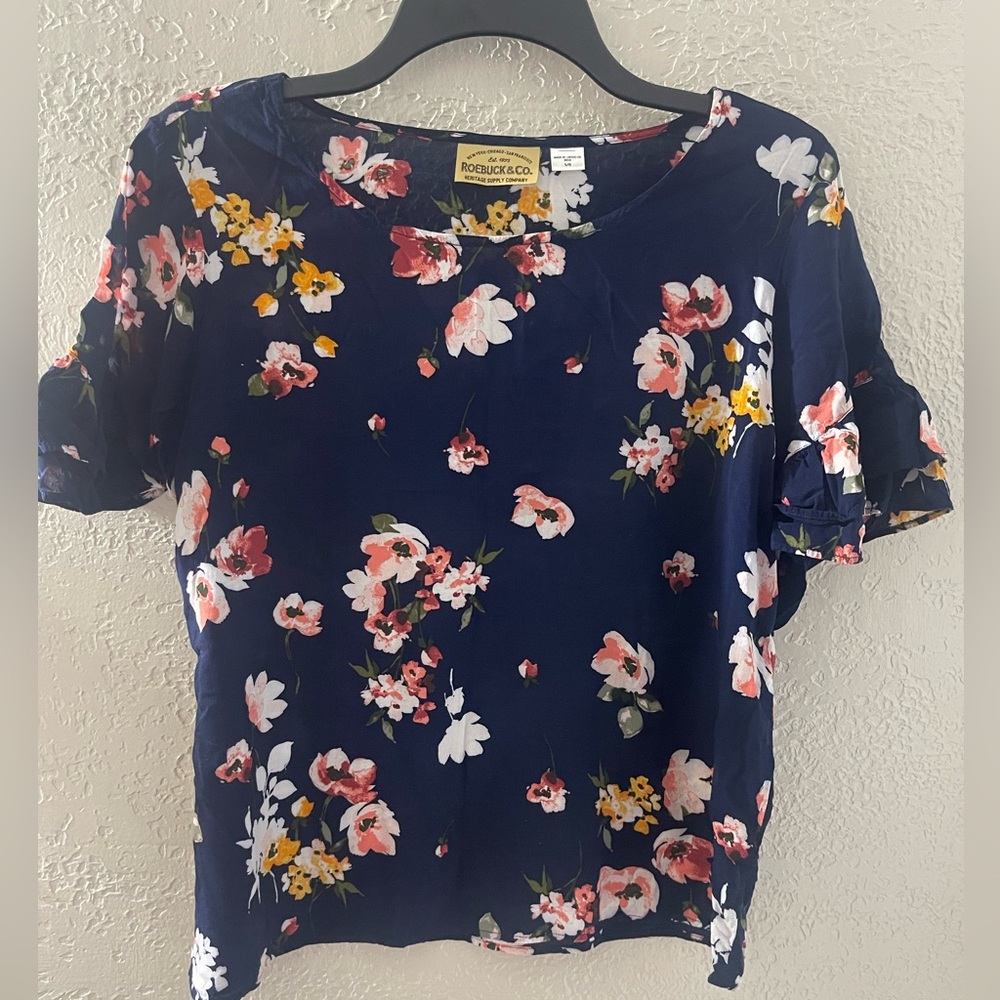 VTG Sears Roebuck & Co. Navy Floral Blouse Ruffled Short‎ Sleeve Size Large